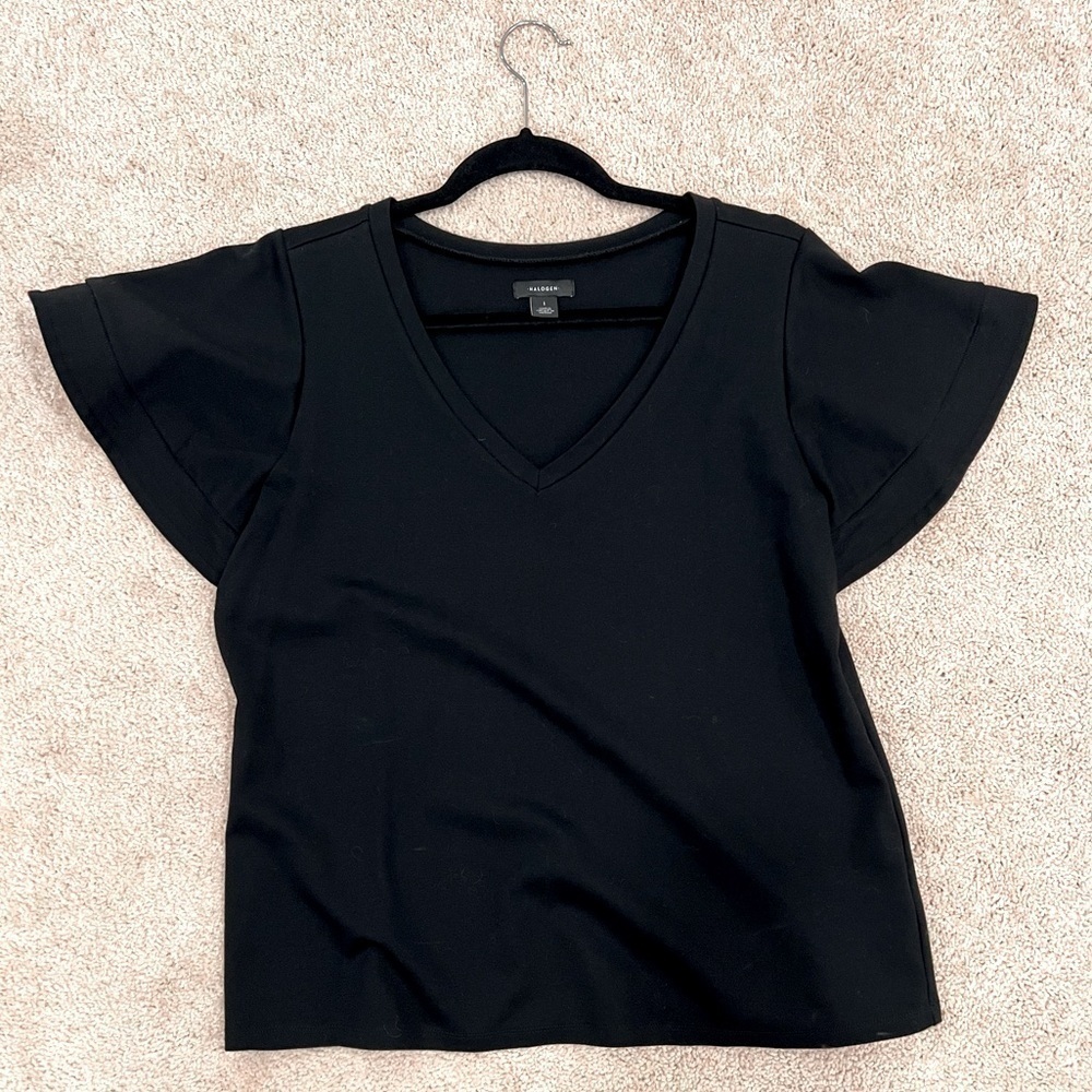 Halogen Black V-Neck Short Sleeve Shirt Ruffle Sleeve - Size Large